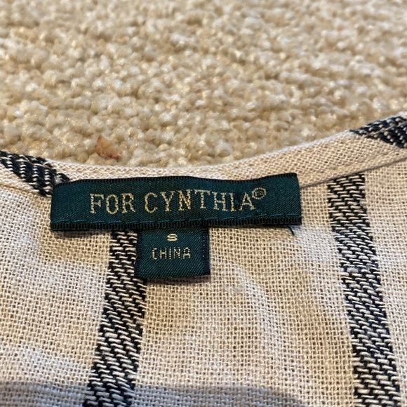 For Cynthia Linen Blend V Neck Cap Sleeve Asymmetrical Tan Black Stripe Dress S - Picture 3 of 6